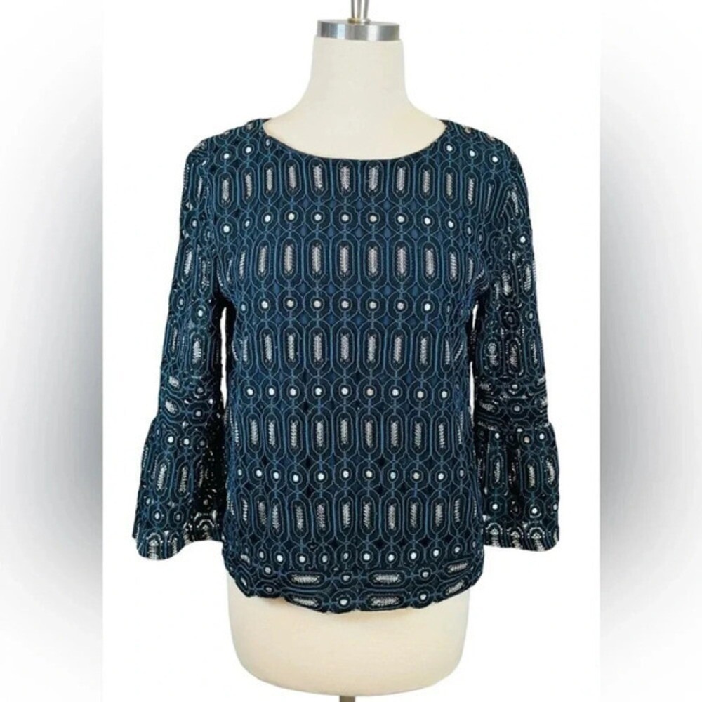LOFT Navy Blue Geometric Lace Bell Sleeve Blouse Top Small Romantic Feminine